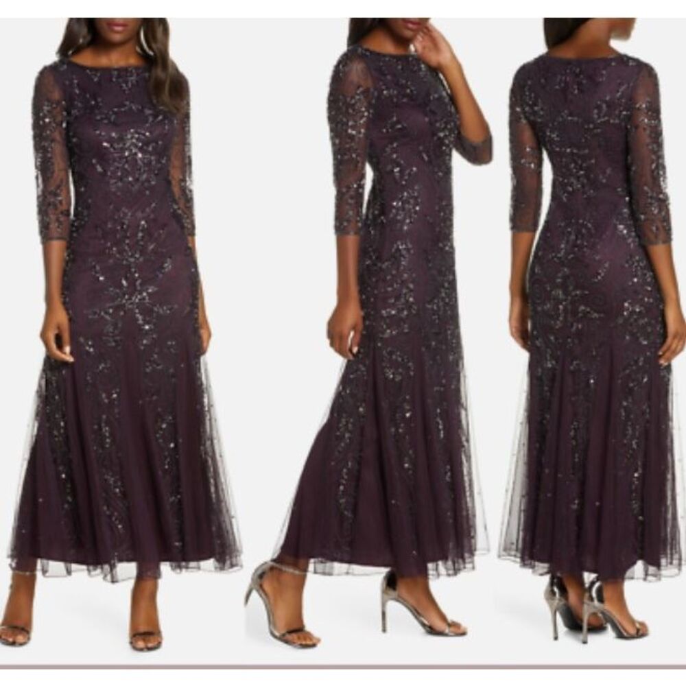 Pisarro Nights Embellished Mesh Gown in Eggplant Sz 18 NWOT